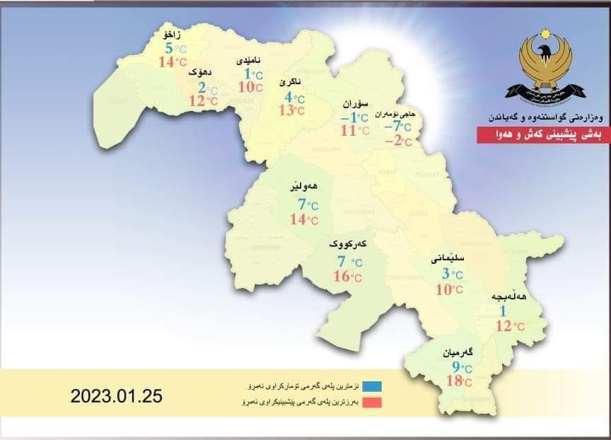 کەش و هەوای پێشبینیکراوى 48 کاتژمێرى داهاتوو â€Žئەمڕۆ چوار شەممە 25 â€“ 1 - 2023   